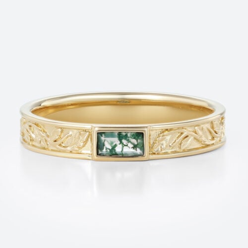 Baguette Cut Moss Agate Wide Band Bezel-Set Leaf Engraved Wide Band in Yellow Gold