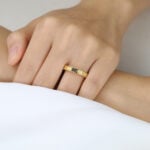 Baguette Cut Moss Agate Wide Band Bezel-Set Leaf Engraved Wide Band in Yellow Gold