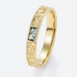 Baguette Cut Moss Agate Wide Band Bezel-Set Leaf Engraved Wide Band in Yellow Gold