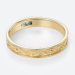 Baguette Cut Moss Agate Wide Band Bezel-Set Leaf Engraved Wide Band in Yellow Gold