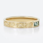 Baguette Cut Moss Agate Wide Band Bezel-Set Leaf Engraved Wide Band in Yellow Gold