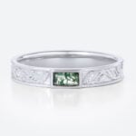 Baguette Cut Moss Agate Wide Band Bezel-Set Leaf Engraved Wide Band in White Gold