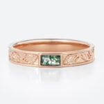 Baguette Cut Moss Agate Wide Band Bezel-Set Leaf Engraved Wide Band in Rose Gold