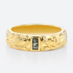 Baguette Cut Moss Agate Wide Band with Botanical Vine Relief Engraving in Yellow Gold