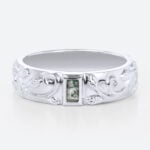 Baguette Cut Moss Agate Wide Band with Botanical Vine Relief Engraving in White Gold
