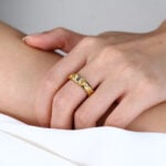 Baguette Cut Moss Agate Wide Band with Botanical Vine Relief Engraving in Yellow Gold