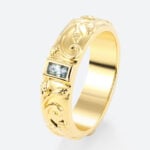 Baguette Cut Moss Agate Wide Band with Botanical Vine Relief Engraving in Yellow Gold