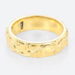 Baguette Cut Moss Agate Wide Band with Botanical Vine Relief Engraving in Yellow Gold