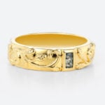 Baguette Cut Moss Agate Wide Band with Botanical Vine Relief Engraving in Yellow Gold