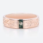 Baguette Cut Moss Agate Wide Wedding Band with Leaf Engraving in Rose Gold