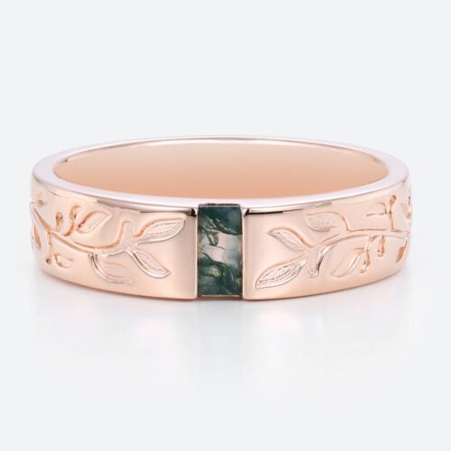 Baguette Cut Moss Agate Wide Wedding Band with Leaf Engraving in Rose Gold