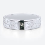 Baguette Cut Moss Agate Wide Wedding Band with Leaf Engraving in White Gold