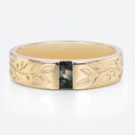 Baguette Cut Moss Agate Wide Wedding Band with Leaf Engraving in Yellow Gold