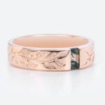 Baguette Cut Moss Agate Wide Wedding Band with Leaf Engraving in Rose Gold