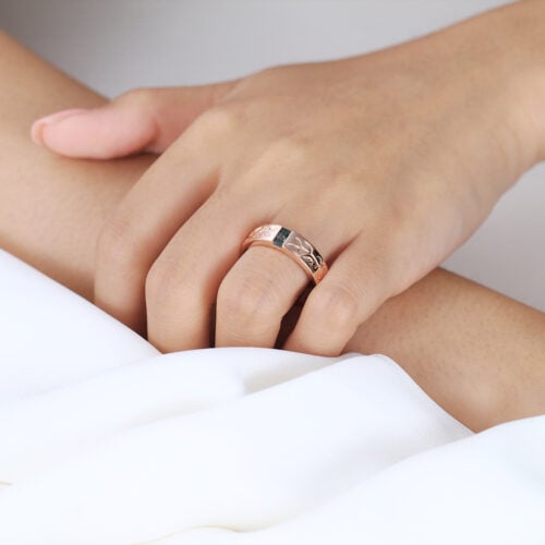 Baguette Cut Moss Agate Wide Wedding Band with Leaf Engraving in Rose Gold