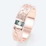 Baguette Cut Moss Agate Wide Wedding Band with Leaf Engraving in Rose Gold