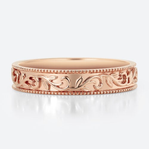 Botanical Vine Engraved Wide Wedding Bands​ with Milgrain Edges in Rose Gold