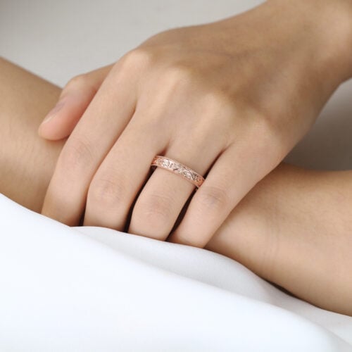 Botanical Vine Engraved Wide Wedding Bands​ with Milgrain Edges in Rose Gold