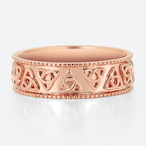 Celtic Trinity Knot Pattern Wide Wedding Band with Milgrain Edges in Rose Gold