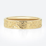 Solid Gold Wide Wedding Bands​ Floral Engraved Wide Band with Rose Motif in Yellow Gold