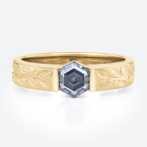 Hexagon Cut Gray Moissanite Solitaire Leaf Engraved Wide Bands in Yellow Gold