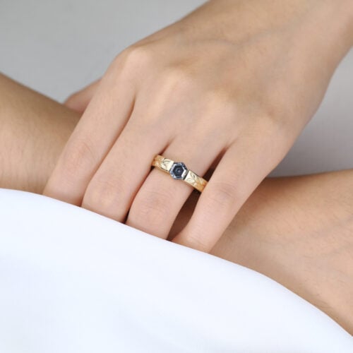 Hexagon Cut Gray Moissanite Solitaire Leaf Engraved Wide Bands in Yellow Gold