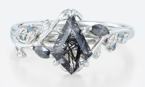 1ct Kite Cut Black Rutilated Quartz Ring Botanical Engagement Ring in White Gold