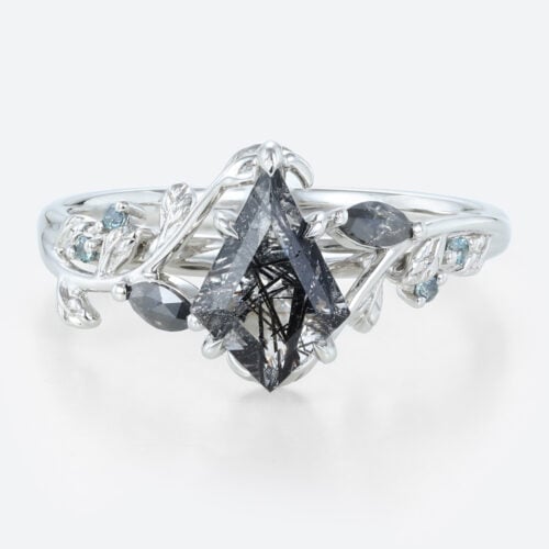 1ct Kite Cut Black Rutilated Quartz Ring Botanical Engagement Ring in White Gold