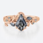 1ct Kite Cut Black Rutilated Quartz Ring Botanical Engagement Ring in Rose Gold