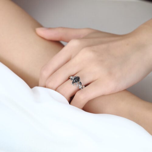 1ct Kite Cut Black Rutilated Quartz Ring Botanical Engagement Ring in White Gold
