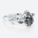 1ct Kite Cut Black Rutilated Quartz Ring Botanical Engagement Ring in White Gold
