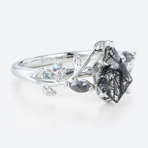 1ct Kite Cut Black Rutilated Quartz Ring Botanical Engagement Ring in White Gold