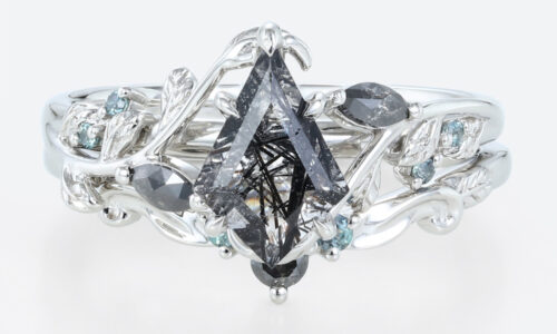 Kite Cut Black Rutilated Quartz​ Ring Set Nature-Inspired Bridal Ring Set in White Gold