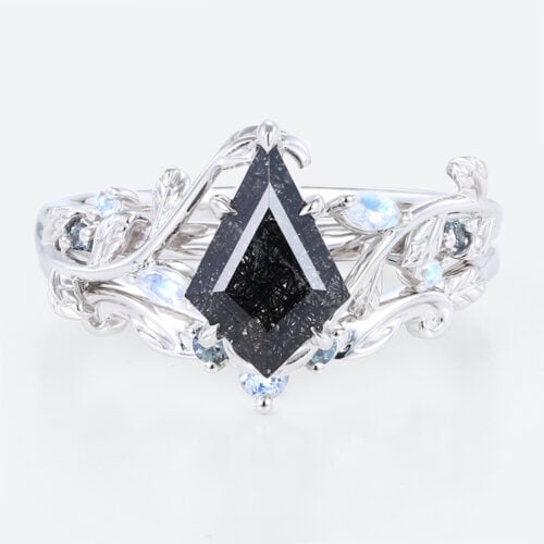 Kite Cut Black Rutilated Quartz Vine Bridal Ring Set with Moonstone and Alexandrite Accents in White Gold