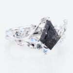 Kite Cut Black Rutilated Quartz Vine Bridal Ring Set with Moonstone and Alexandrite Accents in White Gold