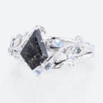 Kite Cut Black Rutilated Quartz Vine Bridal Ring Set with Moonstone and Alexandrite Accents in White Gold