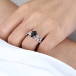 Kite Cut Black Rutilated Quartz Vine Bridal Ring Set with Moonstone and Alexandrite Accents in White Gold