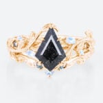 Kite Cut Black Rutilated Quartz Vine Bridal Ring Set with Moonstone and Alexandrite Accents in Rose Gold