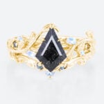 Kite Cut Black Rutilated Quartz Vine Bridal Ring Set with Moonstone and Alexandrite Accents in Yellow Gold