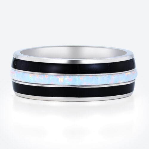 Full Inlay Lab Opal and Black Resin Wide Band with Vibrant Color Play in White Gold