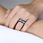 Full Inlay Lab Opal and Black Resin Wide Band with Vibrant Color Play in White Gold