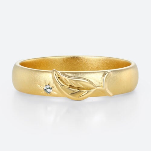 Wide Band Engagement Rings Leaf Motif Matte Finish Moss Agate Accent in Yellow Gold