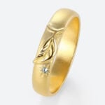 Wide Band Engagement Rings Leaf Motif Matte Finish Moss Agate Accent in Yellow Gold