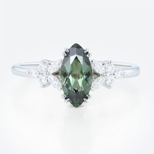 Marquise Cut Green Sapphire Engagement Ring 1.5ct Floral Cluster Ring in White Gold