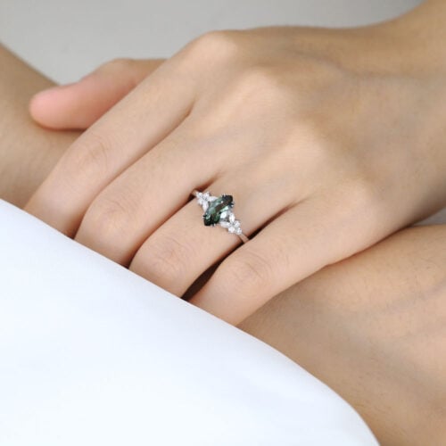 Marquise Cut Green Sapphire Engagement Ring 1.5ct Floral Cluster Ring in White Gold
