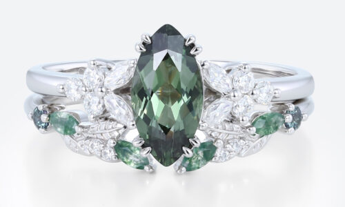 1ct Marquise Green Sapphire Engagement Ring Set Floral Bridal Ring in White Gold