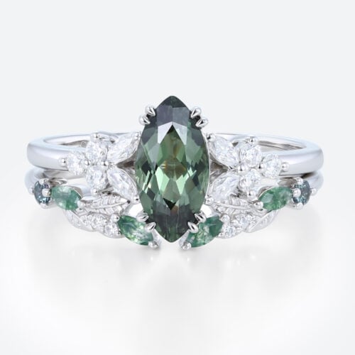 1ct Marquise Green Sapphire Engagement Ring Set Floral Bridal Ring in White Gold