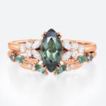 1ct Marquise Green Sapphire Engagement Ring Set Floral Bridal Ring in Rose Gold