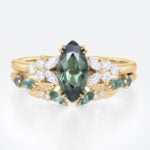 1ct Marquise Green Sapphire Engagement Ring Set Floral Bridal Ring in Yellow Gold