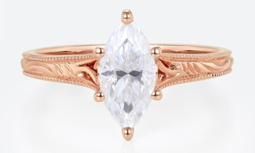 Solitaire 1ct Marquise Moissanite Promise Ring with Milgrain Detail in Rose Gold
